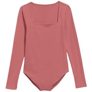 Rib Knit Bodysuit Size 4X (28/30) Dusty Red Stretch Long Sleeve Square Neck NWT